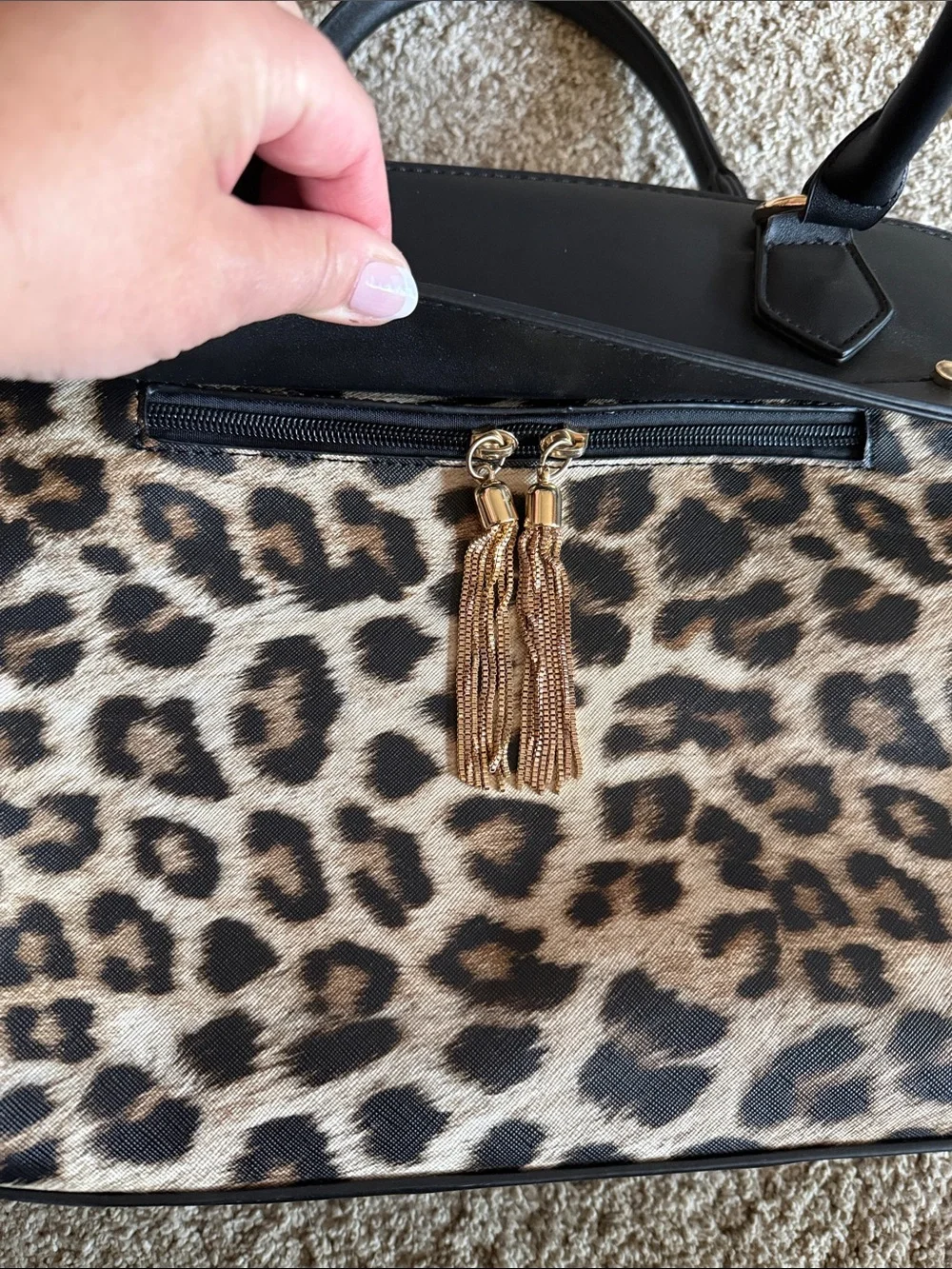 Black and Leopard Print Structured Tote Handbag with Gold Tassel